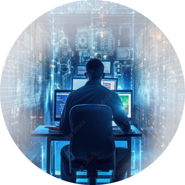 Das Runde Bild ist in einem Blauton gehalten. Ein Mann sitzt vor zwei Rechnern mit großen Bildschirmen. Die Wände um ihn herum bestehen aus riesigen Screens mit Codes.