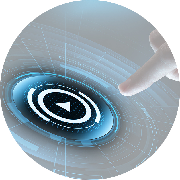 Das Runde Bild ist in einem Blauton gehalten. Eine Hand geht mit dem Zeigefinger in Richtung eines Play-Buttons.